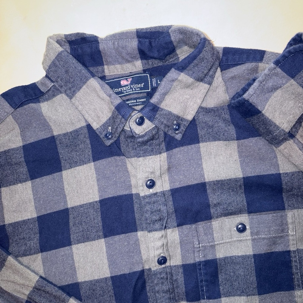 Vineyard Vines Slim Longshore Flannel Shirt Large BlueGray Buffalo Plaid Stretch
